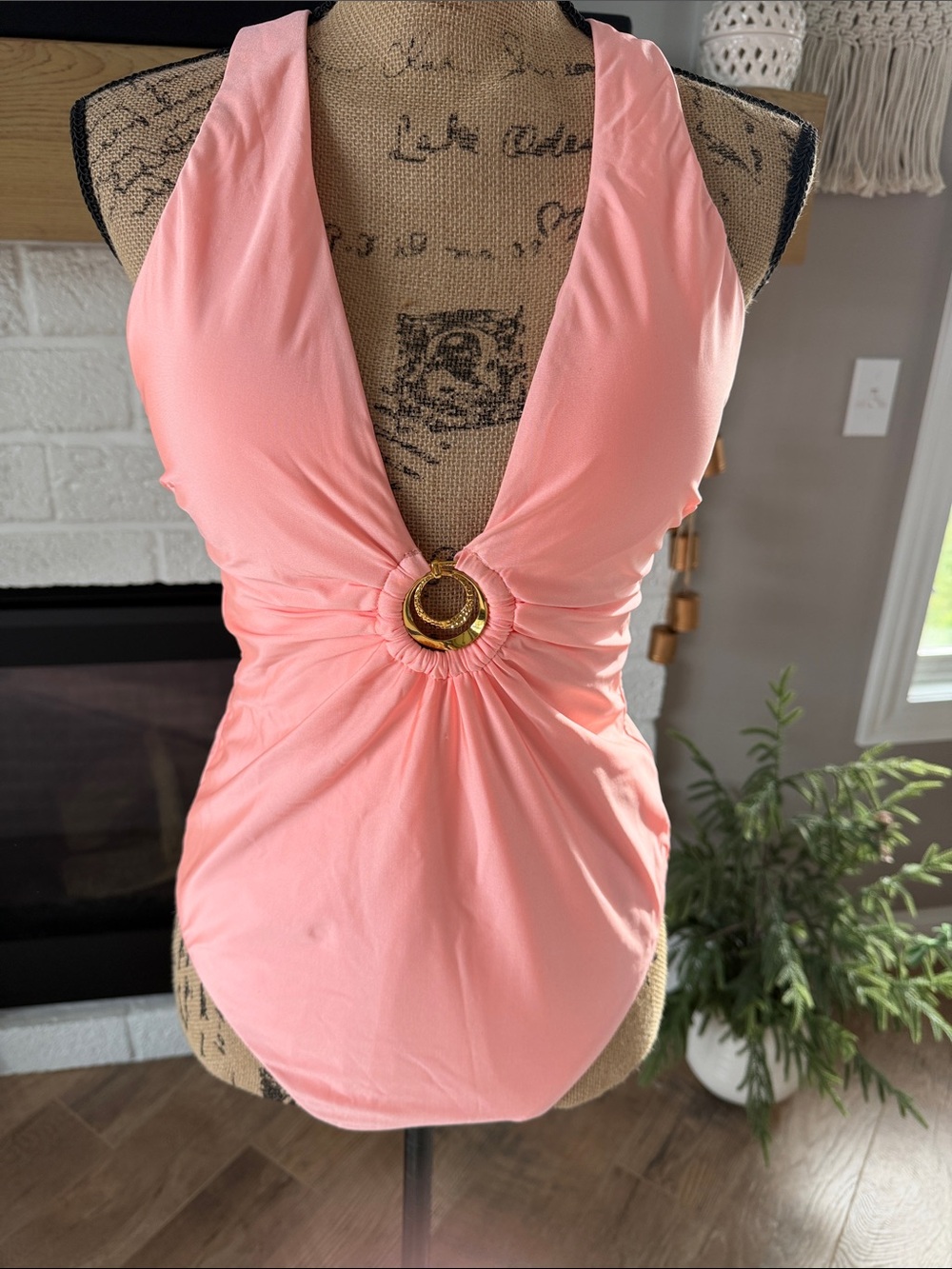 Women's Pink Halter One-Piece Swimsuit with Ring Detail